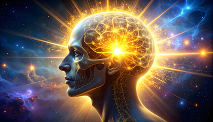 Obraz premium Surreal digital art of a human male head in profile facing right