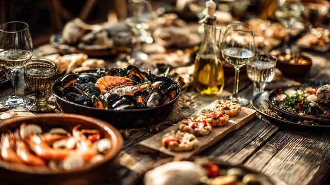 A rustic Mediterranean table with seafood tapas positioned around the perimeter and a clear central copy space