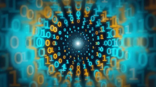 Abstract Digital Binary Code Tunnel with Glowing Blue and Gold Data Particles Moving Forward