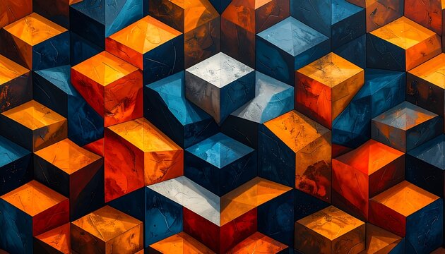 A colorful 3D geometric pattern of cubes in orange, blue, and white hues