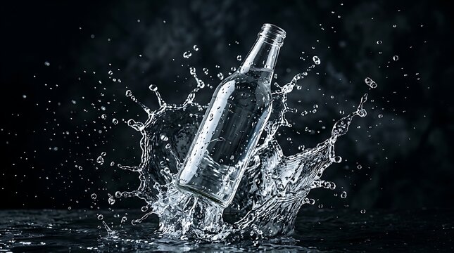 Clear glass bottle with dynamic water splash refreshing beverage hydration drinkware container refreshment celebration sparkling cocktail isolated background