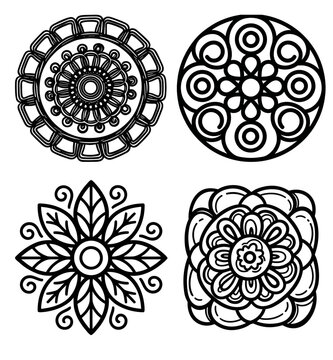 Circular mandala ornament vector set with hand drawn floral line art shapes