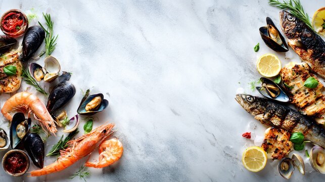 A top-down flat lay of assorted seafood tapas including shrimp, mussels, and grilled fish arranged along the edges of a light marble surface, leaving a large clean copy space in the center