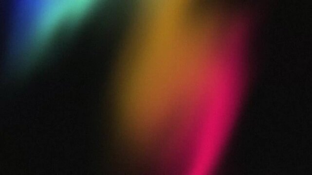 Cinematic multicolored light leaks and film burn bleeding across dark frame with retro 16mm grain texture