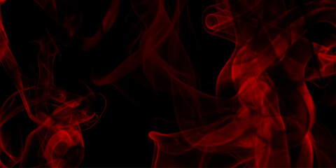 Obraz premium Red smoke on black background, colourful abstract, red fog minimalistic background, soft curves and enchanting flickers of light, abstract red smoke moving on black background.
