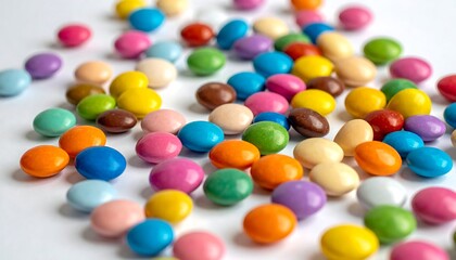 Obraz premium A colorful assortment of small, round, shiny candies scattered across a white surface