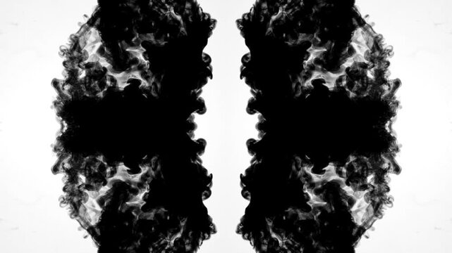 An abstract, slow-motion video showing black ink expanding symmetrically in water against a clean white background. creating beautiful fluid textures and organic, Rorschach-like patterns