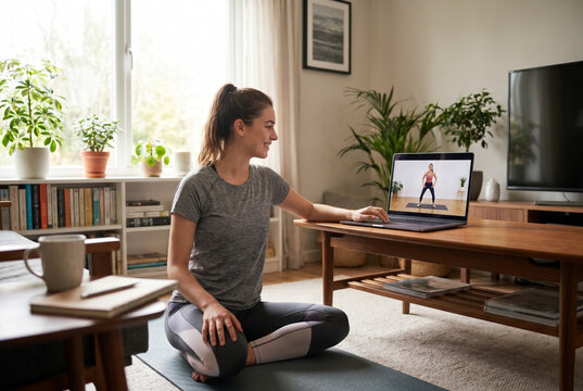 Woman Following Online Fitness Class At Home