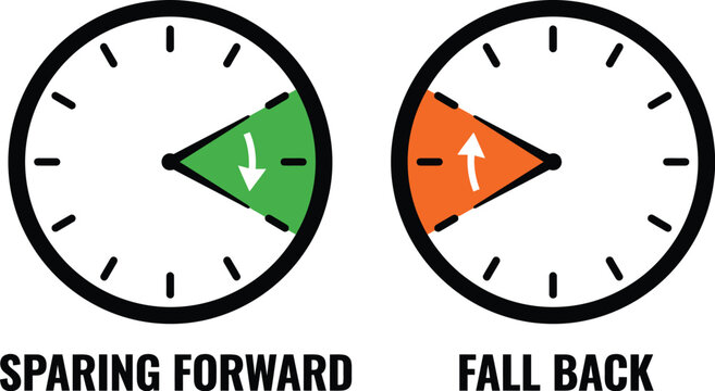 Clocks featuring daylight saving time adjustments illustrate the concept of shifting hours forward and backward seasonally.