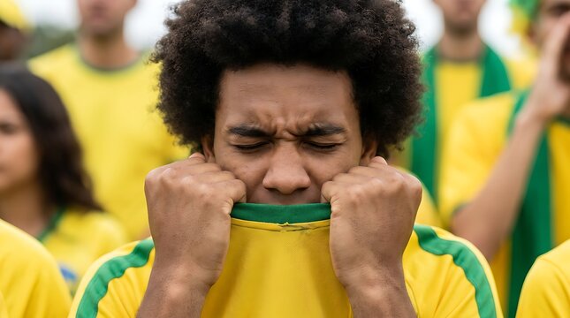 Young afro man wearing yellow and green national team jersey is distressed and holding his face in hands while cheering for his team during sports match.