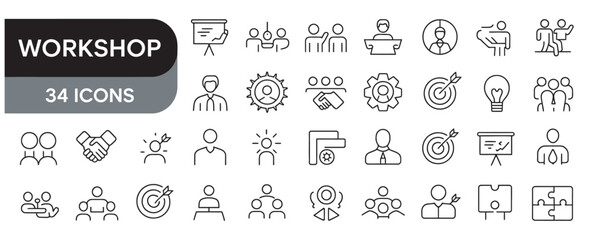 Set of thirty four workshop and business collaboration line icons for office projects © mkpn