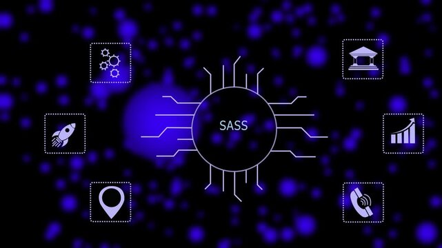 SaaS concept with circuit lines and digital symbols hovering above a businessman, technology. manufacturing process management all connected in a digital circle like pattern.
