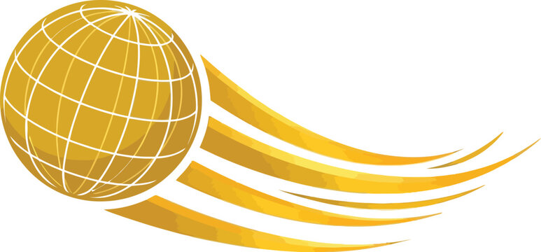 Globe symbol displays a stylized golden sphere with trailing motion lines to represent global connectivity and progress.