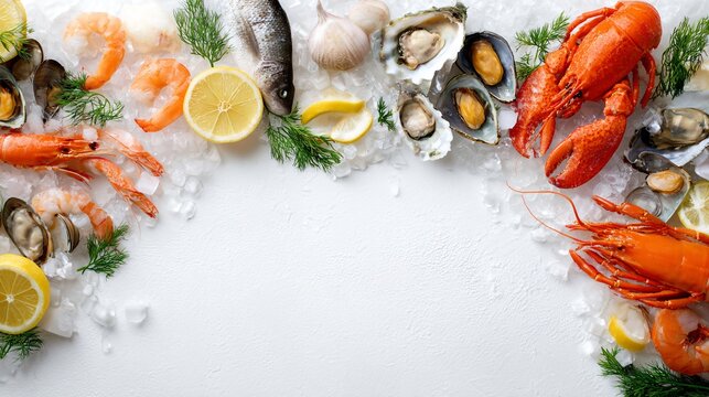 A white background flat lay with seafood arranged along the top edge leaving lower area empty