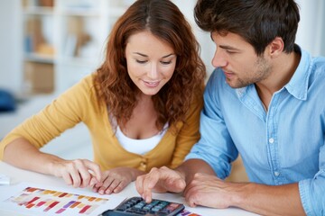 Fototapeta premium Young couple calculating budget using charts and calculator at home