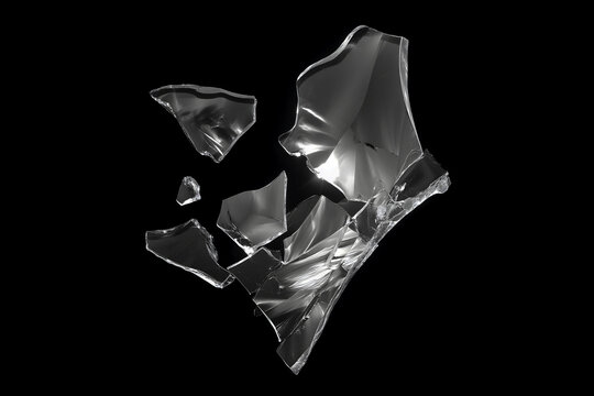 Shattered Glass Shards Floating on Black Background - 3D Illustration of Broken Transparent Glass Pieces