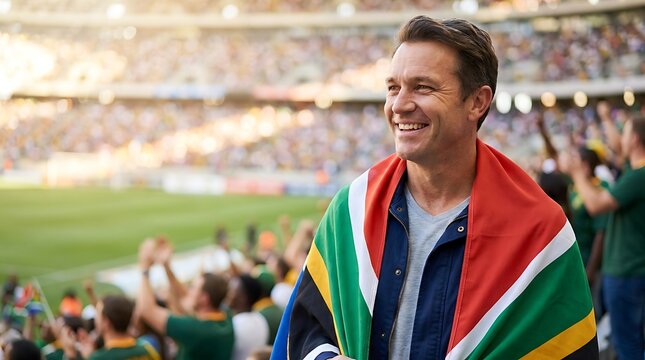 Smiling South African man wrapped in his country's flag cheers during a sporting event at stadium outdoors supporting his team enthusiastically.