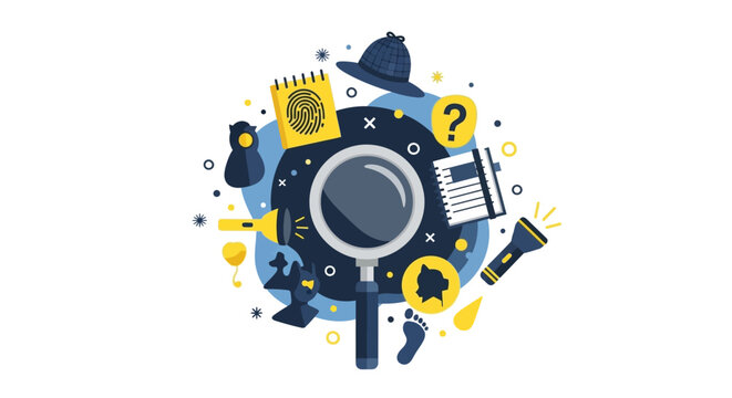 Detective Investigation Illustration with Magnifying Glass, Sherlock Hat, Fingerprint, and Mystery Clues in Flat Vector Style