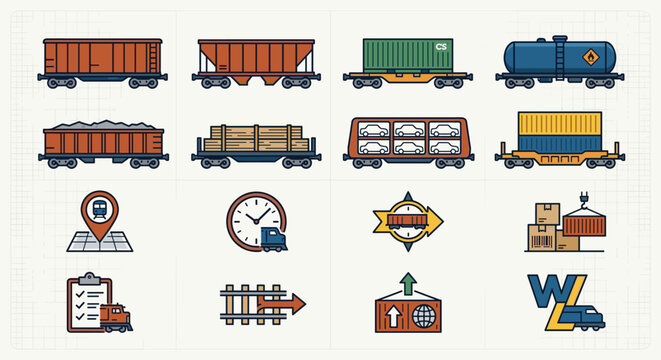Collection of flat icons representing various types of freight trains and logistics services