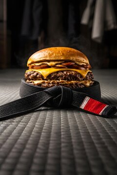Hamb&uacute;rguer artesanal duplo com queijo derretido e bacon servido sobre faixa preta de jiu-jitsu em tatame. Conceito criativo que une gastronomia, for&ccedil;a e disciplina.
