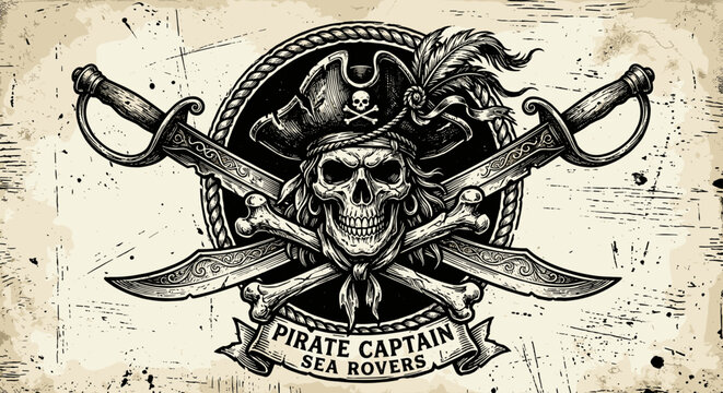 Vintage pirate skull and crossbones emblem with crossed cutlasses and feathered hat