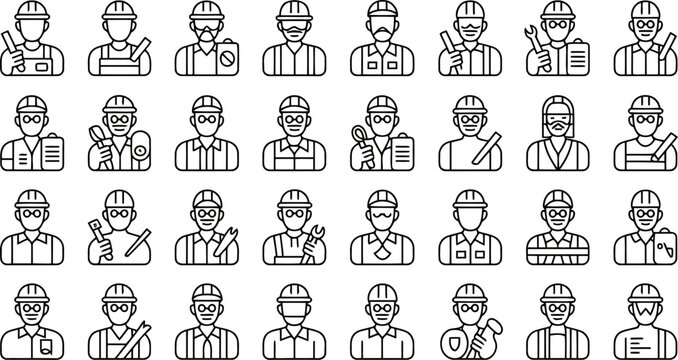 Comprehensive set of black line depicting various construction workers and tradesmen with tools 