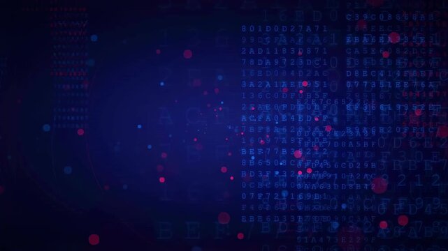 Abstract Digital Data Stream with Floating Binary Code and Glowing Particles on Dark Blue Background