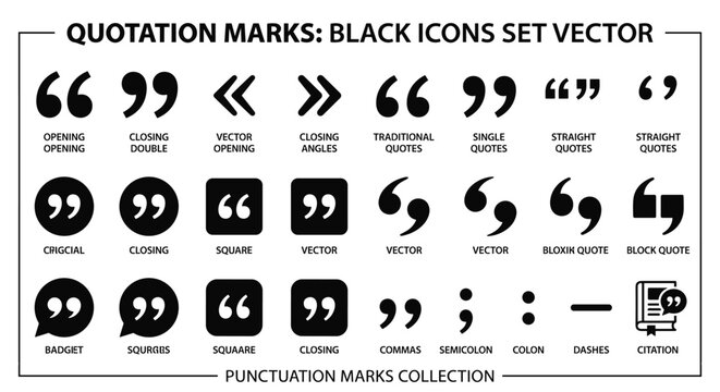 Collection of black quotation mark icons and punctuation symbols in vector format