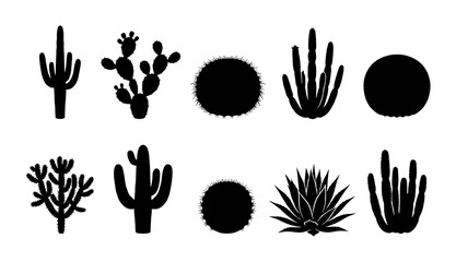 Fototapeta premium Collection of cactus silhouettes featuring desert plants, prickly pears, saguaro, barrel cactus, and succulent forms
