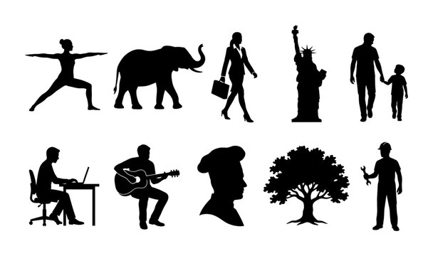 Collection of lifestyle people silhouettes featuring runners, dancers, families, musicians, cyclists, travelers, and daily activity figures
