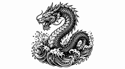 Fototapeta premium Japanese style dragon illustration emerging from stylized ocean waves