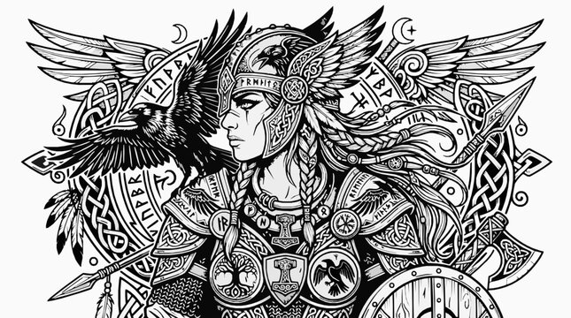 Valkyrie warrior with raven and norse mythology symbols
