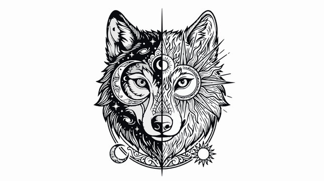 Celestial wolf head illustration with sun and moon duality
