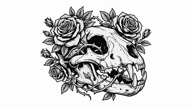 Black and white illustration of a predator animal skull with roses and thorns