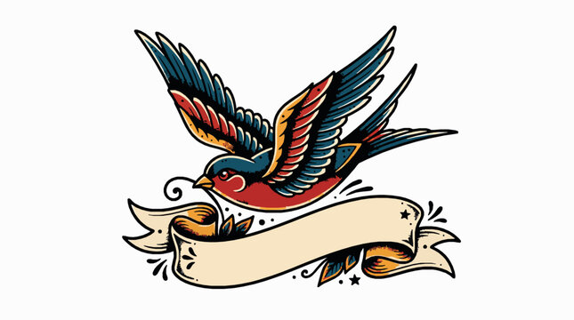 Traditional tattoo style swallow bird illustration with empty banner