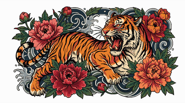 Traditional japanese tiger tattoo design with peony flowers and waves