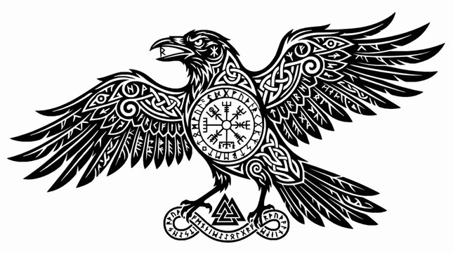 Viking raven tattoo design with vegvisir compass and valknut symbol