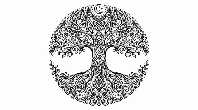 Celtic tree of life illustration with intricate knotwork and moon