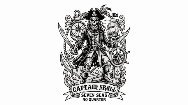 Captain skull pirate character with sword and ship wheel