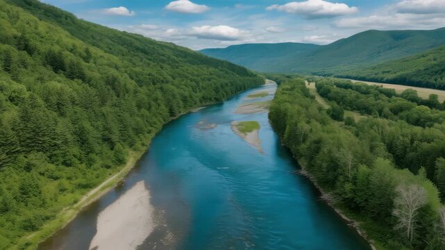 A breathtaking aerial perspective reveals a wide, deep blue river meandering through a vibrant green valley, bordered by abundant trees and distant mountains.