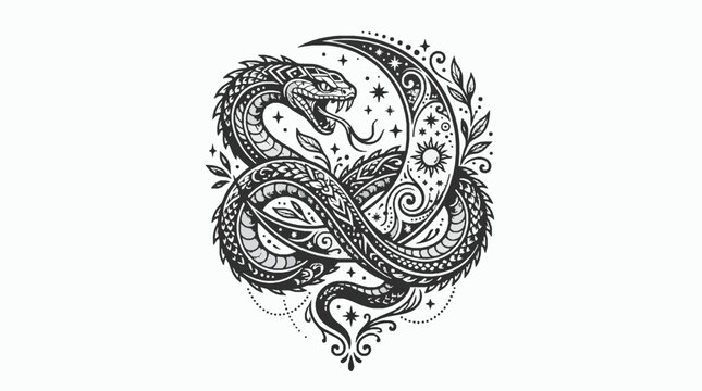 Ornate snake coiled around a crescent moon with celestial elements