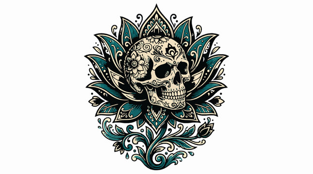 Decorative sugar skull with intricate floral patterns and mandala lotus petals