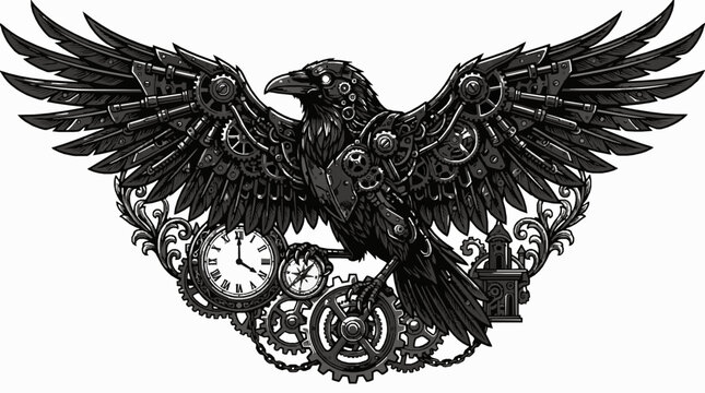 Steampunk mechanical raven bird with clockwork gears and wings