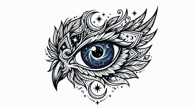 Mystical eagle eye with galaxy iris and celestial feathers