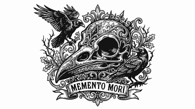 Memento mori skull with ravens and floral ornaments