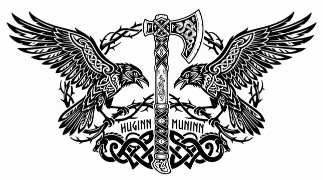 Viking axe with huginn and muninn ravens, norse mythology symbol, black and white vector illustration