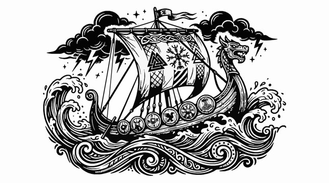 Viking longship sailing on stormy sea with norse symbols