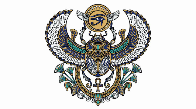 Ancient egyptian scarab beetle symbol with eye of horus and wings