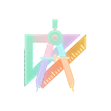Pastel compasses and rulers intersect with soft gradients. Geometric tools glow in mint, lavender, peach, and gold hues. Clean white background highlights their modern, playful design