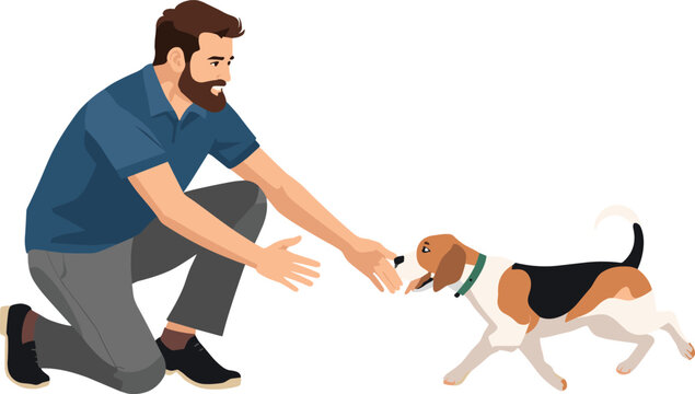 Bearded Man Kneeling and Training His Cute Beagle Puppy Dog Vector Illustration for Pet Care Domestic Animals and Veterinary Concept Graphic Designs